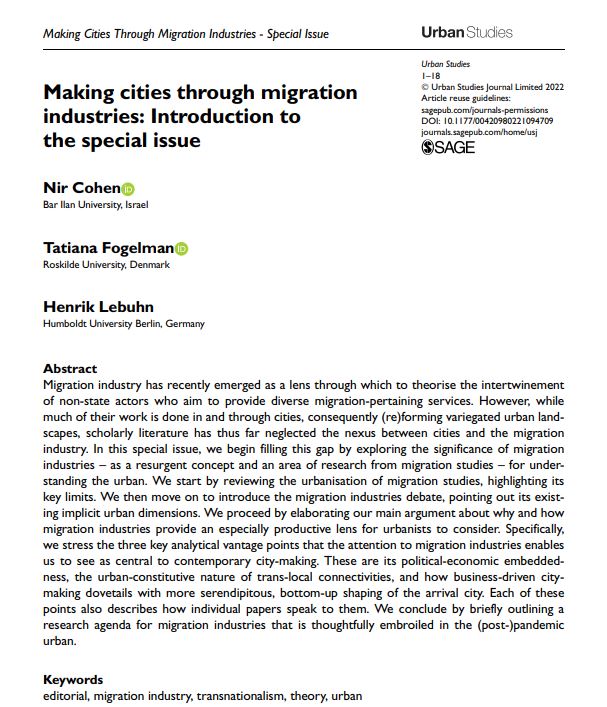 USJ_online's tweet photo. Cohen et al's introduction to the forthcoming special issue explores the significance of migration industries for understanding the #urban https://t.co/fpcYgqY0sI #MigrationIndustry https://t.co/GQuqbk4H6Q