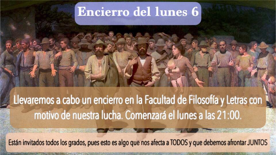 También nos encerramos por la problemática general que está suponiendo la falta de espacios en la UGR, que ya está afectando a otros grados como Trabajo Social, Filosofía o Informática.

🚩Nos vemos el lunes a las 21:00!!🚩