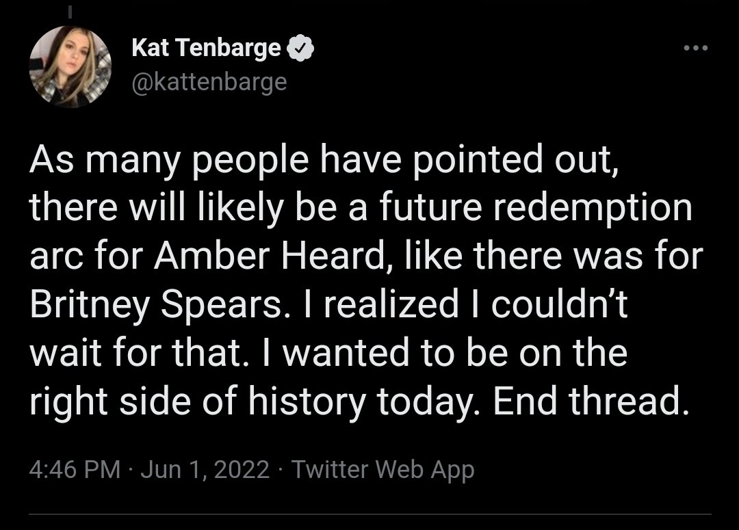 The mainstream media is ALREADY talking an Amber Heard redemption arc

Pretending she didn't:
DOMESTICALLY ABUSE A MAN
Cut off his finger.
Put a cigarette on his face. 
Lie to the world and get caught doing so.  

Theyre comparing her to Britney Spears FFS.