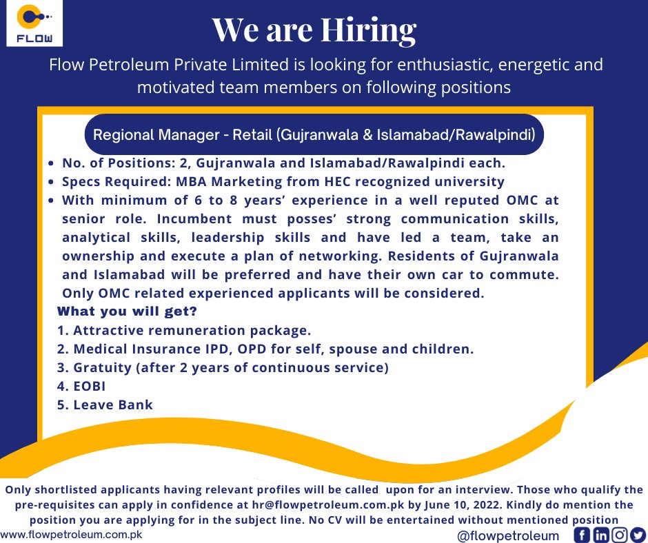 flow_pvt's tweet image. FPPL is hiring
Interested candidates can send us their Resume at hr@flowpetroleum.com.pk
kindly do mention the position you are applying for in the subject
#hiring #flowpetroleum #fuelingthefuture