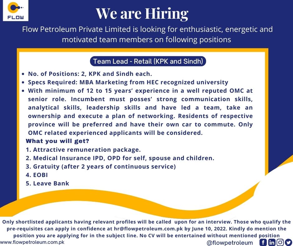 flow_pvt's tweet image. FPPL is hiring
Interested candidates can send us their Resume at hr@flowpetroleum.com.pk
kindly do mention the position you are applying for in the subject
#hiring #flowpetroleum #fuelingthefuture