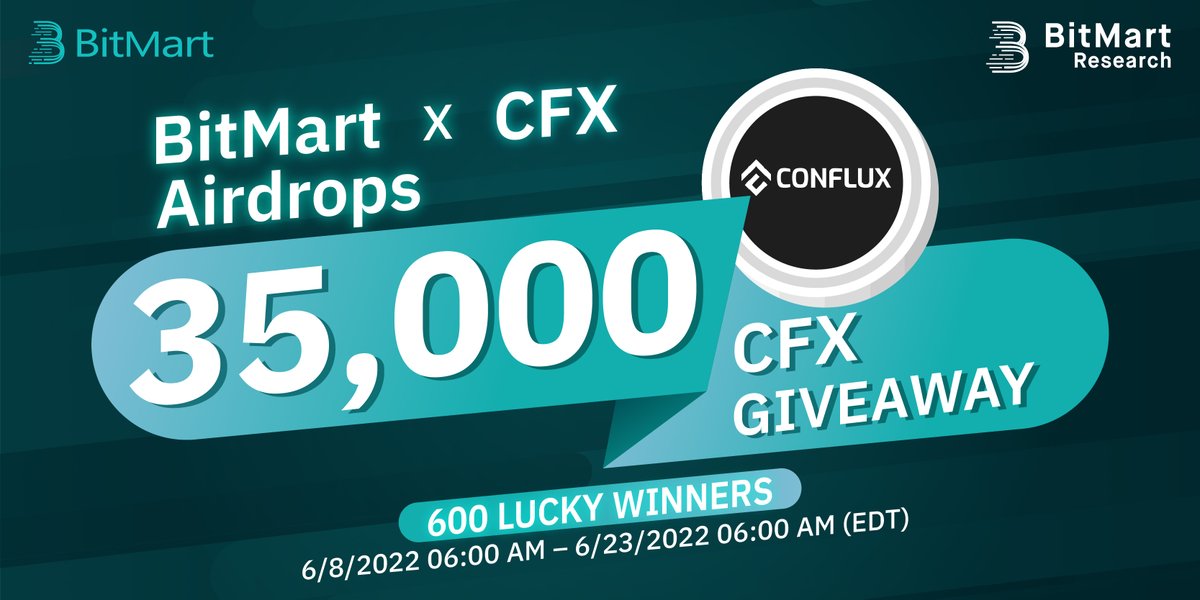 🌟BitMart X CFX Listing Airdrop!
1⃣Follow <a href="/BitMartResearch/">BitMart Research｜$BMX HODLer</a> &amp; <a href="/Conflux_Network/">Conflux Network Official</a>
2⃣Join t.me/BitMartExchang… &amp; t.me/Conflux_English
3⃣RT &amp; Tag 3 friends
4⃣Fill out:bit.ly/3zdcegP

🥳 35,000 $CFX / 600 winners
📅6/8/2022 06:00 AM – 6/23/2022 06:00 AM EDT