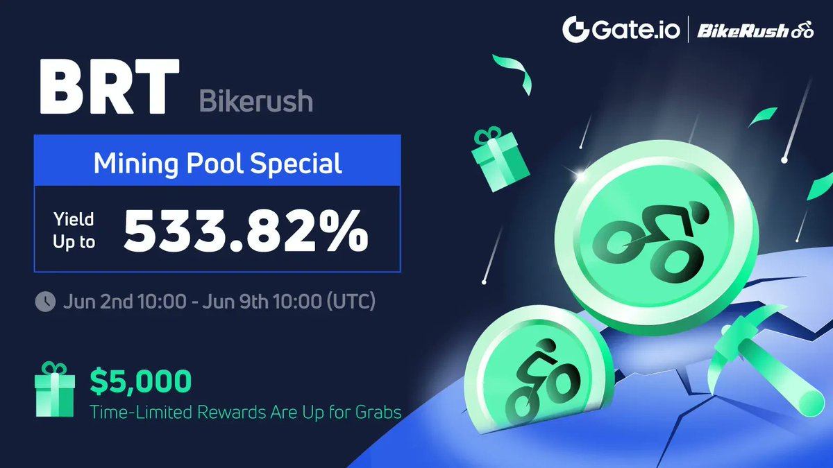 Gate's tweet photo. #Gateio $BRT LM Pool Prizes @BikeRush_

💰Earn Yield Up to 533.82% &amp; Win $5,000 
😎50 winners win $40 BRT Each

⏰10:00 | 2nd June - 9th June (UTC)

How to win:
✅RT &amp; Like the activity 
✅Follow @GateEarn

👉Read &amp; Win prizes now: https://t.co/c4YwgMWHSu https://t.co/G2EerJP9s3