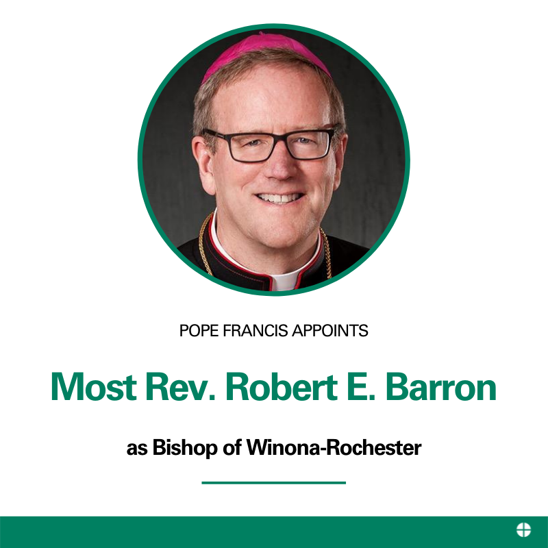 USCCB's tweet photo. Pope Francis Accepts Resignation of Bishop John M. Quinn of the Diocese of Winona-Rochester; Appoints Bishop Robert E. Barron as Successor:https://t.co/fG556PhLiP https://t.co/MqslL4G9Gf