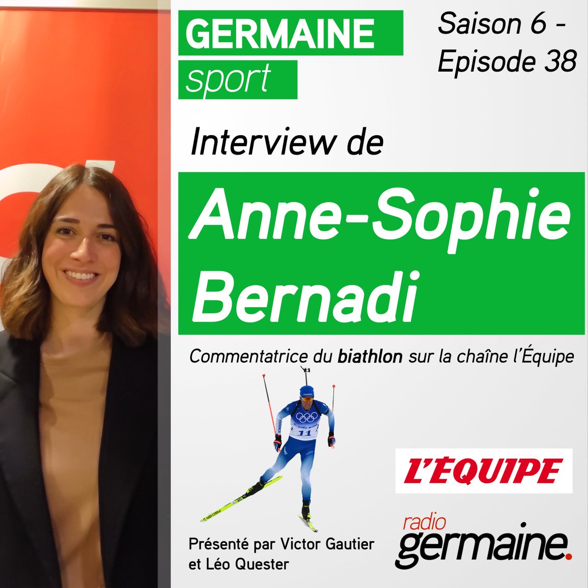 Radio Germaine (@radiogermaine) on Twitter photo 🎿🥇🎯📻 PODCAST ICI : open.spotify.com/episode/24AxYE…
On reçoit <a href="/AnneSoBernadi/">Anne-Sophie Bernadi</a>, commentatrice du #biathlon sur <a href="/lachainelequipe/">la chaine L'Équipe</a>
Une discipline où la France brille, de <a href="/martinfkde/">Martin Fourcade</a> à <a href="/quentinfillon/">Quentin Fillon Maillet</a> !
Par Victor Gautier et @LeoQuester.
#sport #radio #podcast #jo #olympics <a href="/lequipe/">L'Équipe</a> 🎿🥇🎯📻 PODCAST ICI : open.spotify.com/episode/24AxYE…
On reçoit <a href="/AnneSoBernadi/">Anne-Sophie Bernadi</a>, commentatrice du #biathlon sur <a href="/lachainelequipe/">la chaine L'Équipe</a>
Une discipline où la France brille, de <a href="/martinfkde/">Martin Fourcade</a> à <a href="/quentinfillon/">Quentin Fillon Maillet</a> !
Par Victor Gautier et @LeoQuester.
#sport #radio #podcast #jo #olympics <a href="/lequipe/">L'Équipe</a>