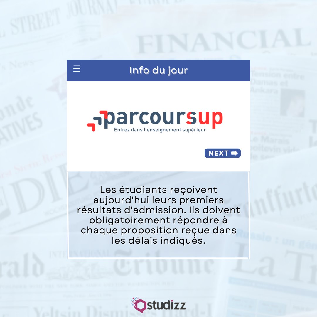 Studizz_fr's tweet photo. 🚨La phase d'admission principale de la plateforme d’orientation Parcoursup ouvre ses portes aujourd'hui.

🧑🏼‍🎓 Les étudiants doivent obligatoirement répondre à chaque proposition reçue dans les délais indiqués.

#orientation #Parcoursup #admission #résultat https://t.co/SrOAGTKsP3
