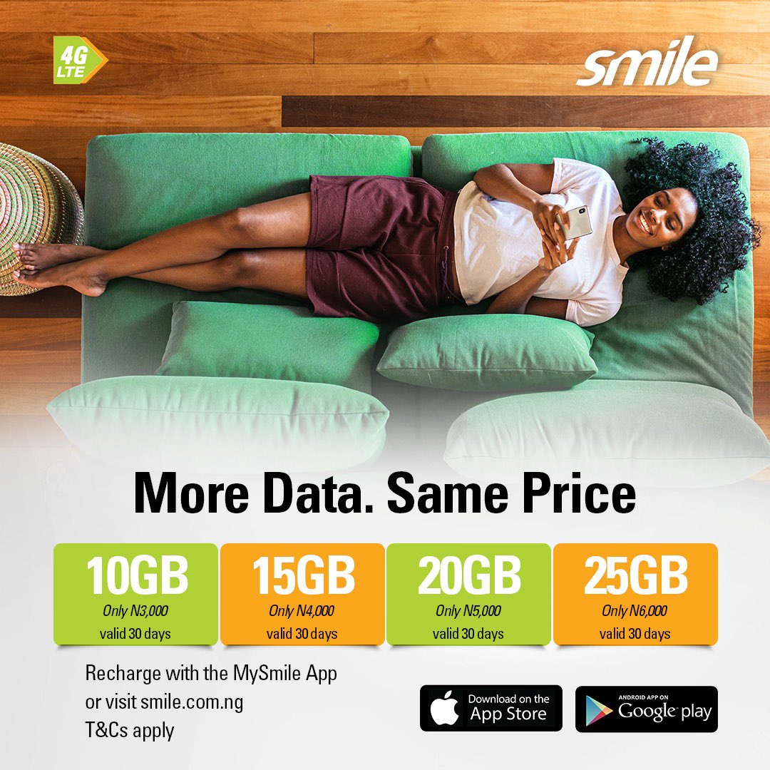 SmileComsNG's tweet photo. MoreData SamePrice. 
Visit https://t.co/KIoP1xd0yp to recharge now #SmileNG #MoreDataSamePrice https://t.co/lD8Kbovn30