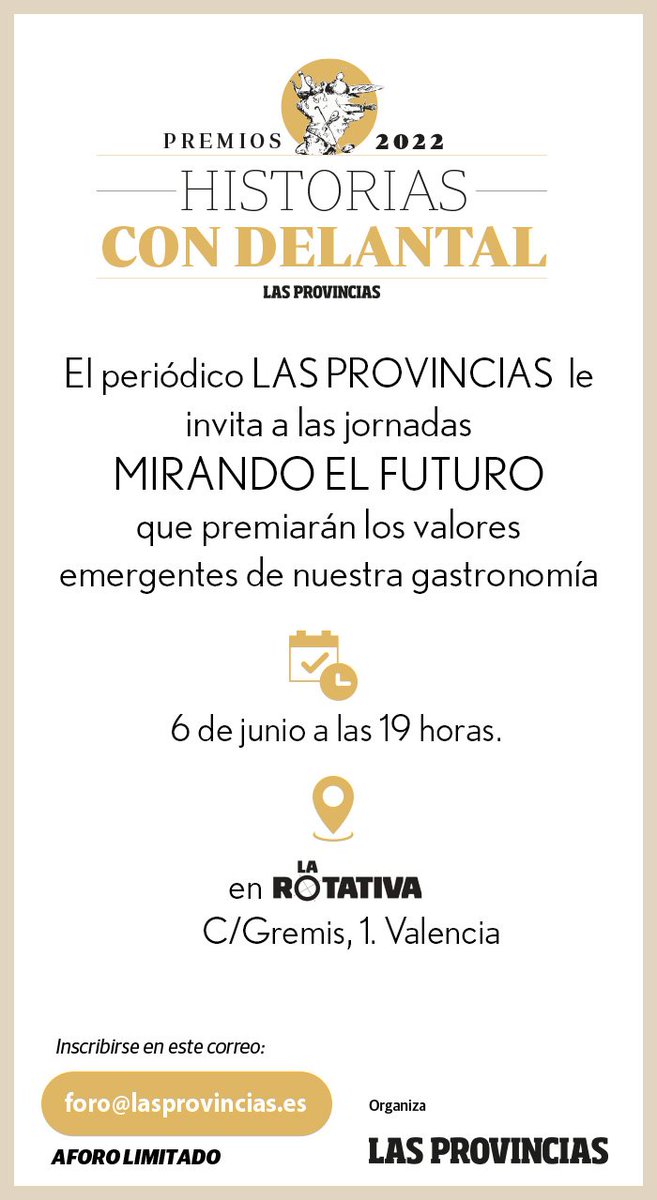 El lunes os esperamos en vuestra casa, en <a href="/lasprovincias/">LAS PROVINCIAS</a> (calle Gremís, 1). Estamos preparando una jornada que hemos llamado Mirando el futuro, con invitados de lujo y la entrega de nuestros primeros premios a los valores emetgentes de nuestra gastronomía