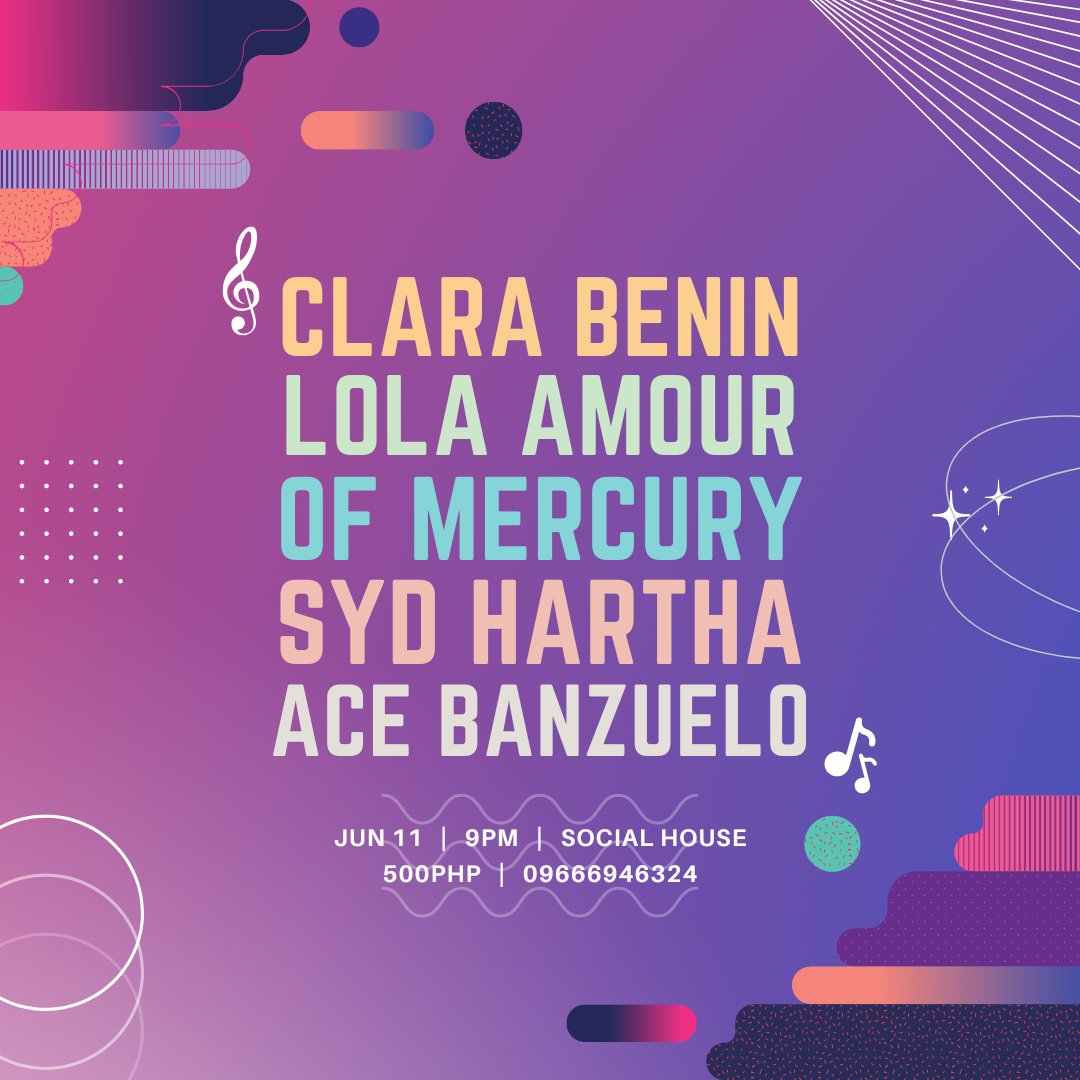 sonymusicph's tweet photo. Tara, live gig? 🫶

Join @clarabeninmusic,  @lolaamourmusic, @itsofmercury, @sydhartha, and @acebanzuelo this June 11, 9pm at Social House, Makati for some live musiccc ✨

See yaaa 🤗 https://t.co/8MOU6dKxhF