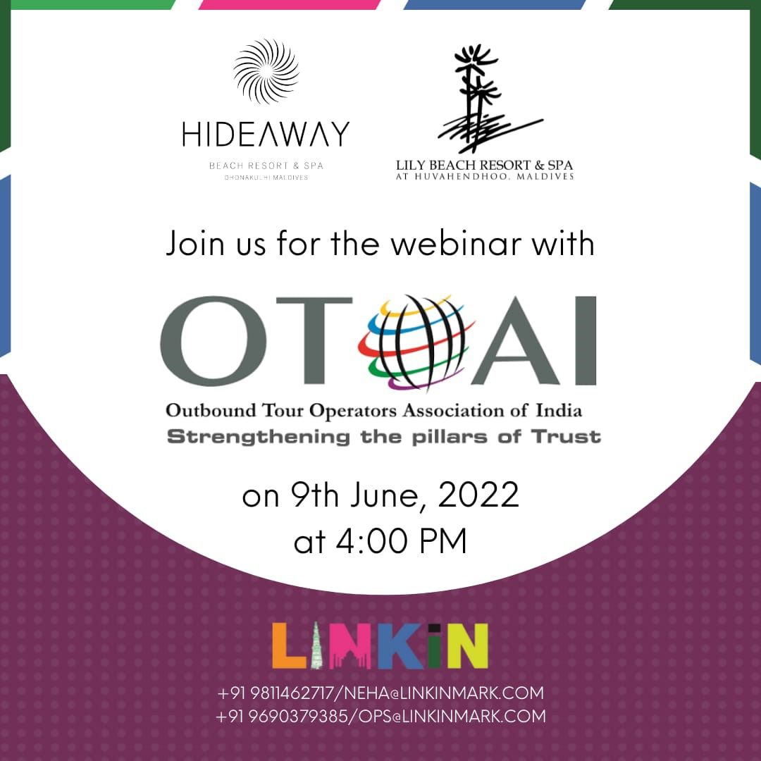 OTOAI_India's tweet photo. Dear OTOAI Members 

You are cordially invited to join us for a Product Webinar:

Lily Beach Resort &amp; Spa - https://t.co/sKBgvH4Yvu

@hideaway_beach - https://t.co/oe9Ke9ImJl

Registration link  https://t.co/LtGtg0SIvN 
.
.
.

#webinar #seminar #seminaronline #OTOAI https://t.co/VtxNaxx6rh