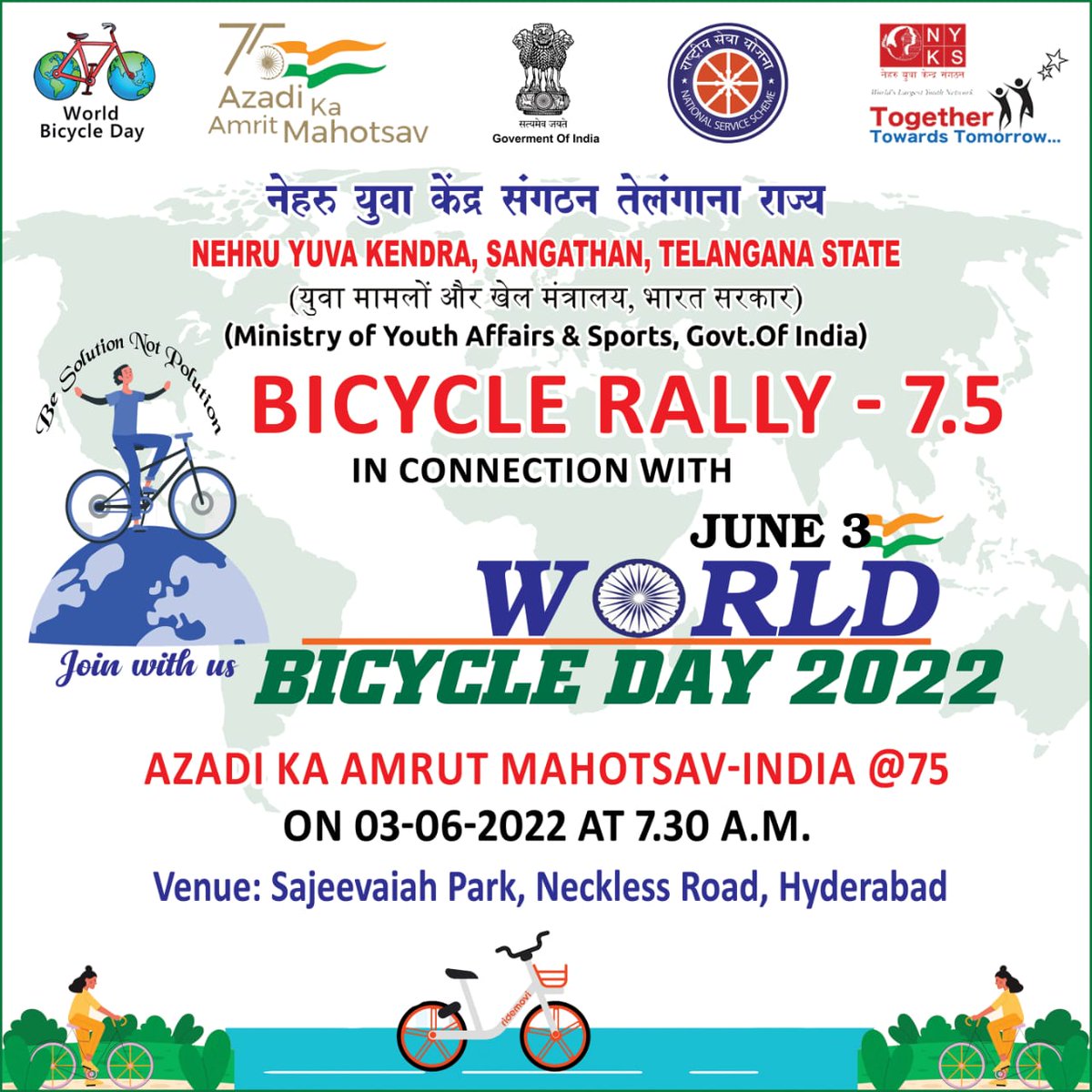 nssrdhyderbad's tweet photo. #WorldCycleDay #LetsBeFIT #AzadiKaAmritMahotsav #cyclinglife @YASMinistry @_NSSIndia @ianuragthakur @pankajsinghips https://t.co/SInB9xX3fF