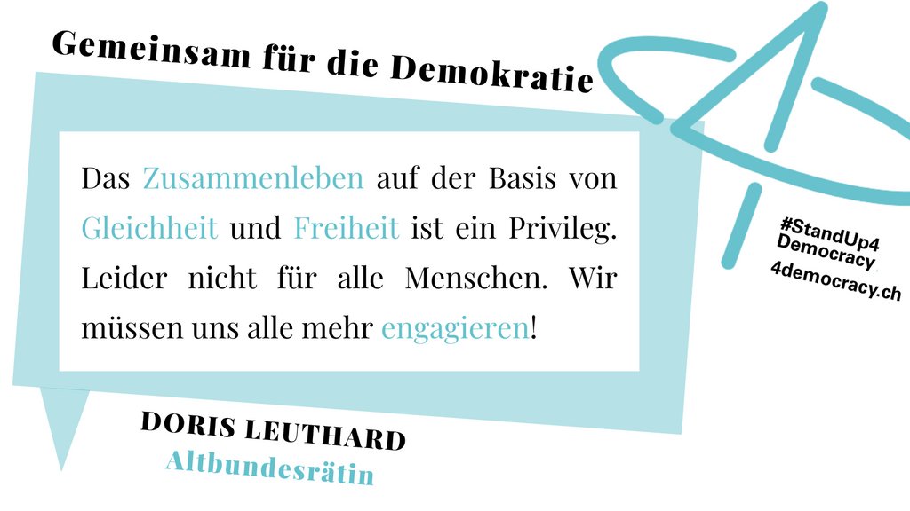 “Das Zusammenleben auf der Basis von Gleichheit und Freiheit ist ein Privileg. Leider nicht für alle Menschen. Wir müssen uns alle mehr engagieren!” Doris Leuthard zum #Demokratieappell

Schreib uns, warum du Demokratie schätzt, unter #StandUp4Democracy ↪️ 4democracy.ch