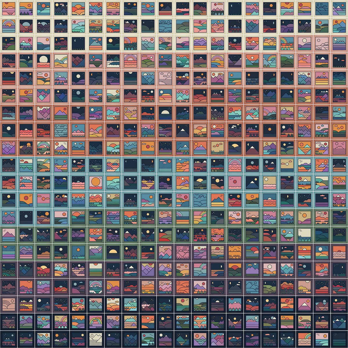 Miniscapes collage showing all 400 iterations
Just airdropped to all current holders. 
A mini thank you from <a href="/rich__poole/">Rich Poole (inactive)</a> and myself 🙏
#fxhash #miniscapes #Airdrop
