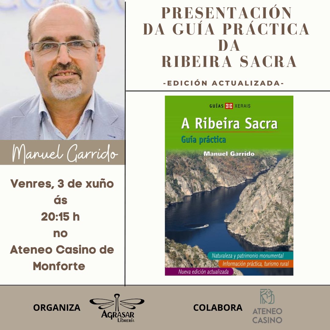 A nova edición da 'Guía Práctica da Ribeira Sacra' (<a href="/Xerais/">Xerais</a>) será presentada este venres no Ateneo, grazas a unha nova colaboración coa libraría Agrasar.
📗Unha guía moi completa para coñecer a fondo todo o territorio da #RibeiraSacra da man do seu autor Manuel Garrido