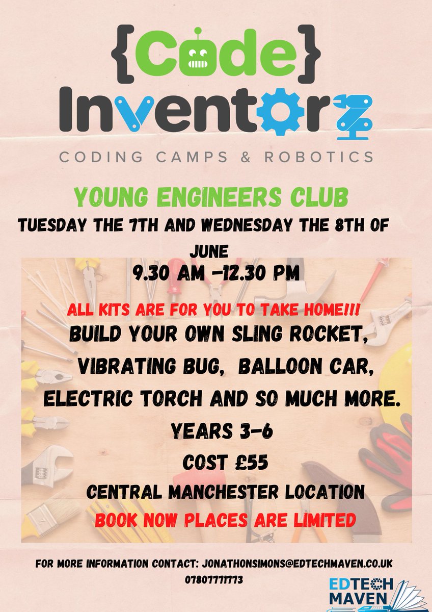 jonathonsimons5's tweet image. Club with wacky robots so fun! Marv teaches students the difference between a push button switch and slider switch and learning how to solder. 
Also build your own Lego radio controlled car, Vex Catapult  and code your own arcade game.
Book now 
#codeinventorz #CircuitMess