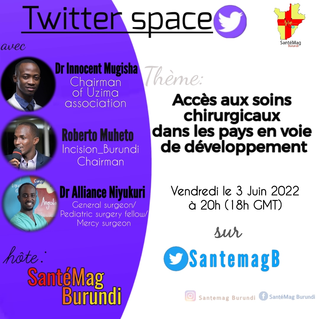 Pour mieux commencer le week-end, SantéMag Burundi vous invite dans son space demain à 20h de Bujumbura x.com/i/spaces/1lPKq…
 <a href="/InciSioNBurund1/">InciSioN Burundi</a> <a href="/InMugisha/">Innocent Mugisha</a> <a href="/NiyukuriAlly/">Alliance Niyukuri 🇧🇮</a> @atsarps <a href="/uzimassociation/">Uzima</a> <a href="/sharenetburundi/">Share-Net Burundi</a> @mspls_bdi  <a href="/abem_burundi/">ABEM Burundi</a> <a href="/AbucSurgery/">ABUC (Burundian Surgery Association)</a>