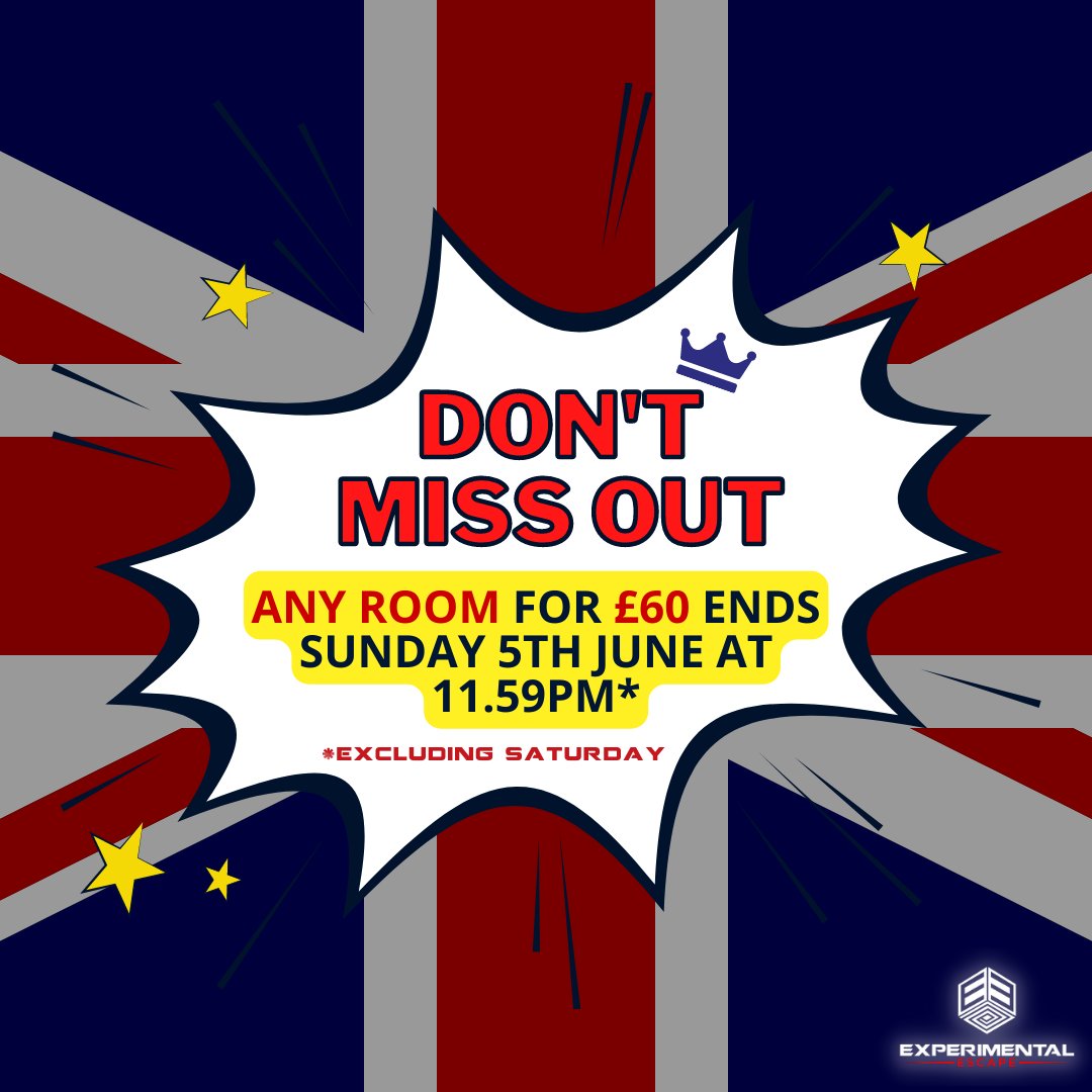 ExperimentalEsc's tweet image. You all loved our jubilee half term offer so much that we&apos;ve decided to extend it! This Friday and Sunday is your LAST CHANCE to get ANY ROOM for £60!! 

BOOK NOW experimental-escape.co.uk/games
