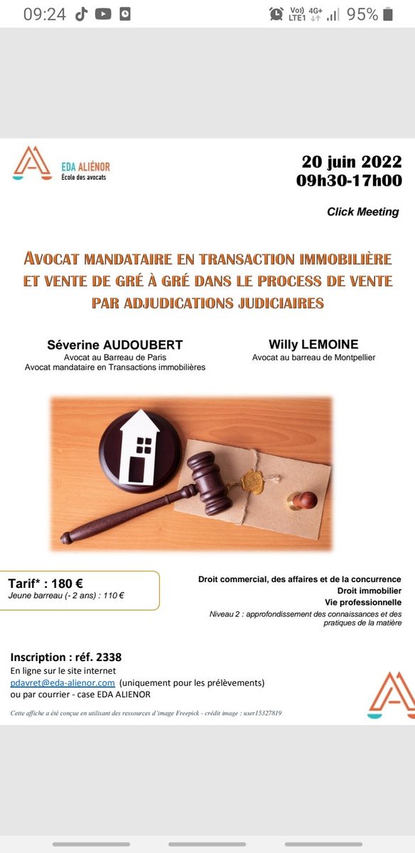 #Avocat mandataire en transaction immo : son rôle EXCLUSIF dans le process de vente aux enchères judiciaires 
#Formation ouverte aux confrères de TOUS les Barreaux 
<a href="/CNBarreaux/">Conseil national des barreaux - les avocats</a>