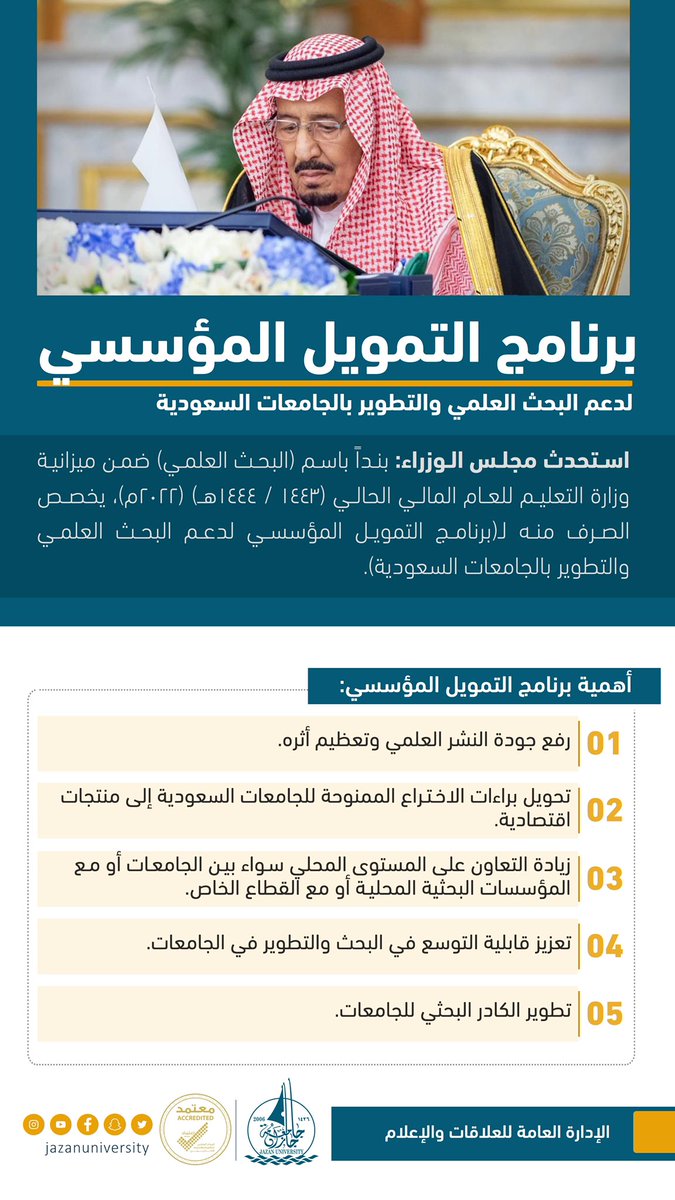 JazanUniversity's tweet photo. تعرّف على أهمية برنامج التمويل المؤسسي الخاص بالبحث العلمي والتطوير بالجامعات السعودية الذي أقرّه مجلس الوزراء مؤخراً.

 #جامعة_ج��زان https://t.co/Lljnz0oFKY