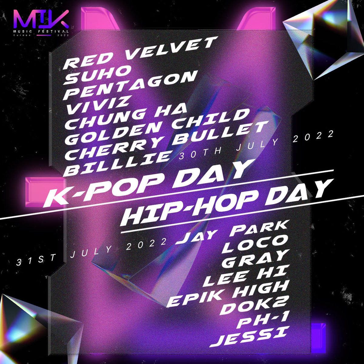 mikfestival's tweet photo. 𝗠𝗜𝗞 𝗙𝗘𝗦𝗧𝗜𝗩𝗔𝗟💜

30th July (SAT)  𝗞-𝗣𝗢𝗣 𝗗𝗔𝗬
#RedVelvet #SUHO #PENTAGON #VIVIZ #CHUNGHA #GoldenChild #CHERRYBULLET #Billlie 

31st July (SUN) 𝗛𝗜𝗣-𝗛𝗢𝗣 𝗗𝗔𝗬
#JayPark #Loco #GRAY #LeeHi #EPIKHIGH #DOK2 #pH1 #JESSI 

Get ready London🔥🔥 https://t.co/ChBPgDephl