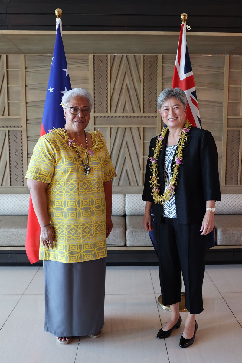 SenatorWong's tweet photo. During our meeting, I confirmed Australia will provide Samoa with a new Guardian-class Patrol Boat – to ensure Samoa can continue to protect its ocean and respond to increasingly complex threats in the region, including transnational crime and illegal fishing. https://t.co/eMtqv9WYMO