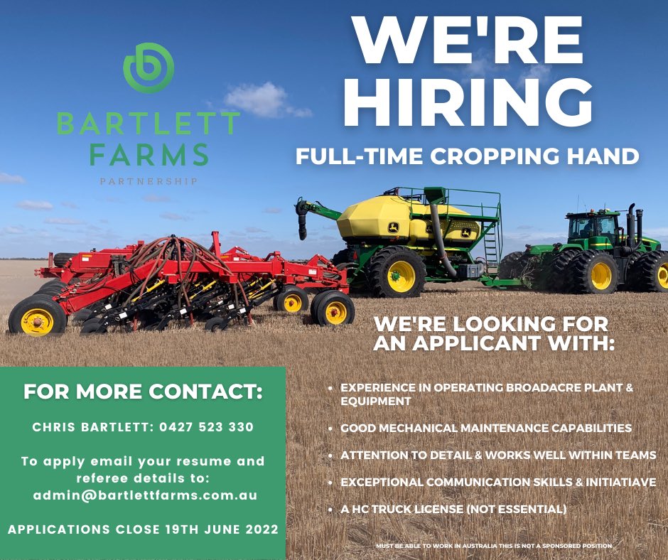 We are looking for an enthusiastic cropping farm hand to join our team. If you have experience in broad acre farming &amp; a passion for agriculture, contact us @ seek.com.au/job/57189564        Retweet’s welcome