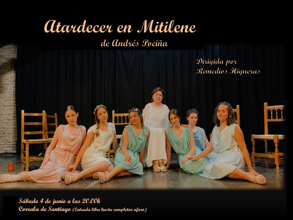 agamador's tweet photo. El sábado 4, a las 20:00 h, se representará en la Corrala de Santiago 'Atardecer en Mitilene', una obra dirigida e interpretada por Remedios Higueras y las alumnas del @SeveroIes de Granada, en la que mi maestro y amigo Andrés Pociña da voz a los versos de la inmortal #Safo. https://t.co/0hArGJFsXS