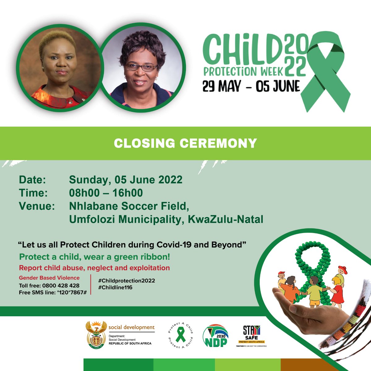 The_DSD's tweet image. The #ChildProtectionWeek2020 closing ceremony will be held in Nhlabane Soccer Field, in the heart of Umfolozi Municipality, KZN.

#ChildProtectionWeek2022
