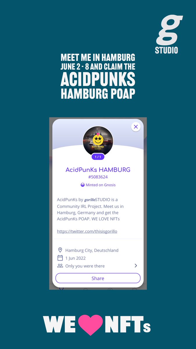 gorillostudio's tweet photo. Meet me in HAMBURG June 2 - 8 and ask for the QR Code to get your AcidPunKs NFT &amp; follow us on twitter • @AcidPunKsNFT
WE💜NFTs #gorilloSTUDIO #art #nfts #poap https://t.co/2SVpVtukuj