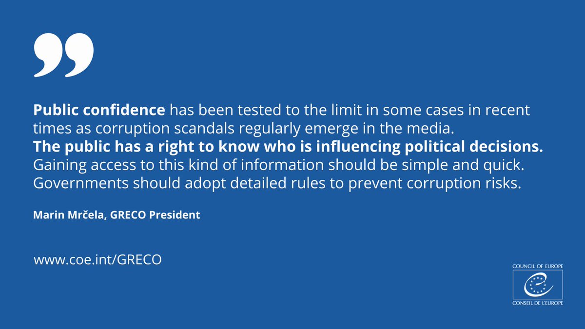 coe's tweet photo. The Council of Europe's anti-corruption body urges urges European governments to increase transparency and accountability of lobbying.

🆕 Its latest annual report is out today:
https://t.co/PBpKDDW96s

#NoCorruption #YesIntegrity @CoE_HRightsRLaw https://t.co/QWh9LMFOzN