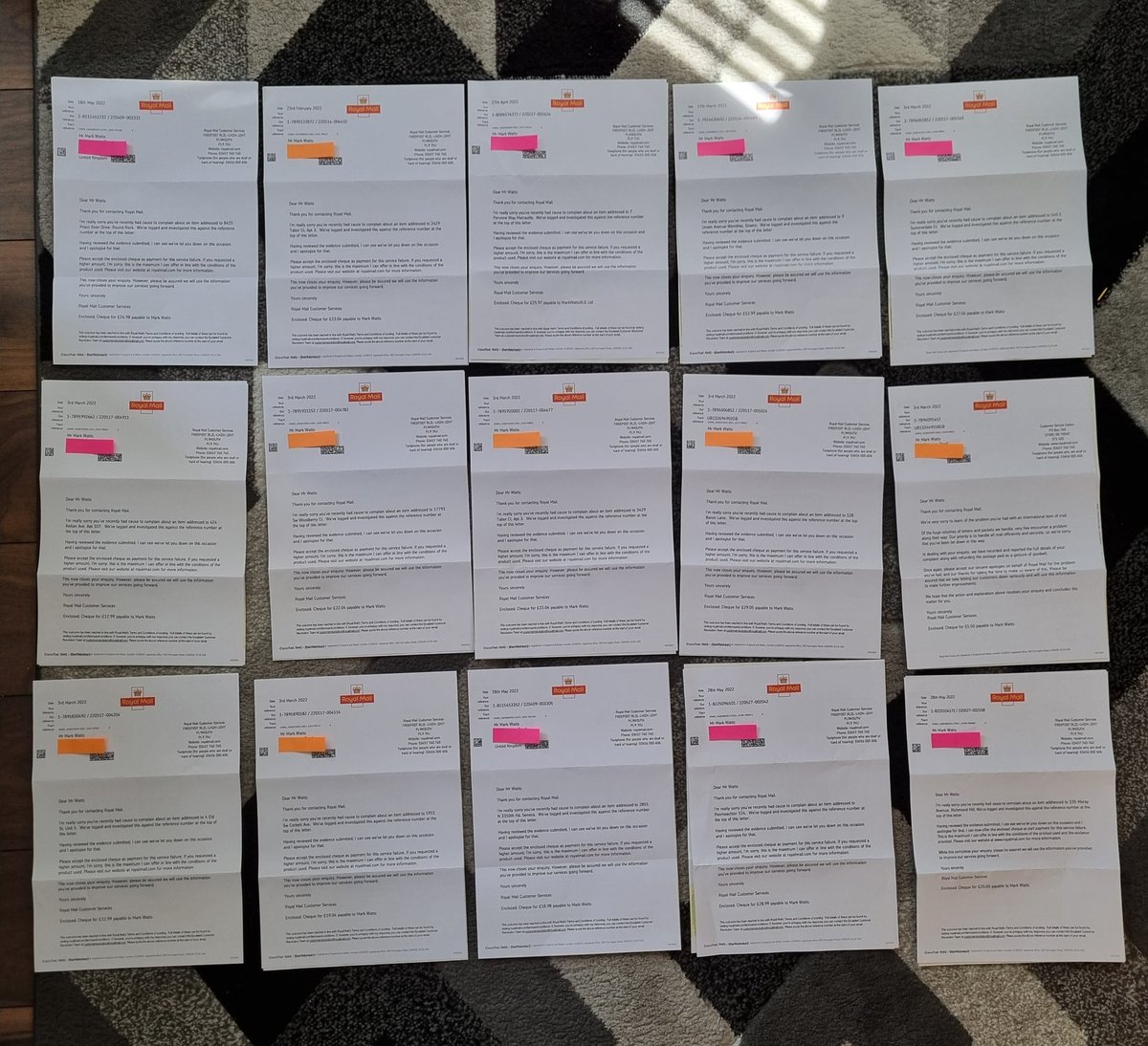 MarkWattsVLG's tweet photo. This is every order @RoyalMail has lost for my small business in JUST 3 MONTHS (these are just the ones I was able to claim for) https://t.co/GwyhzKjKGZ