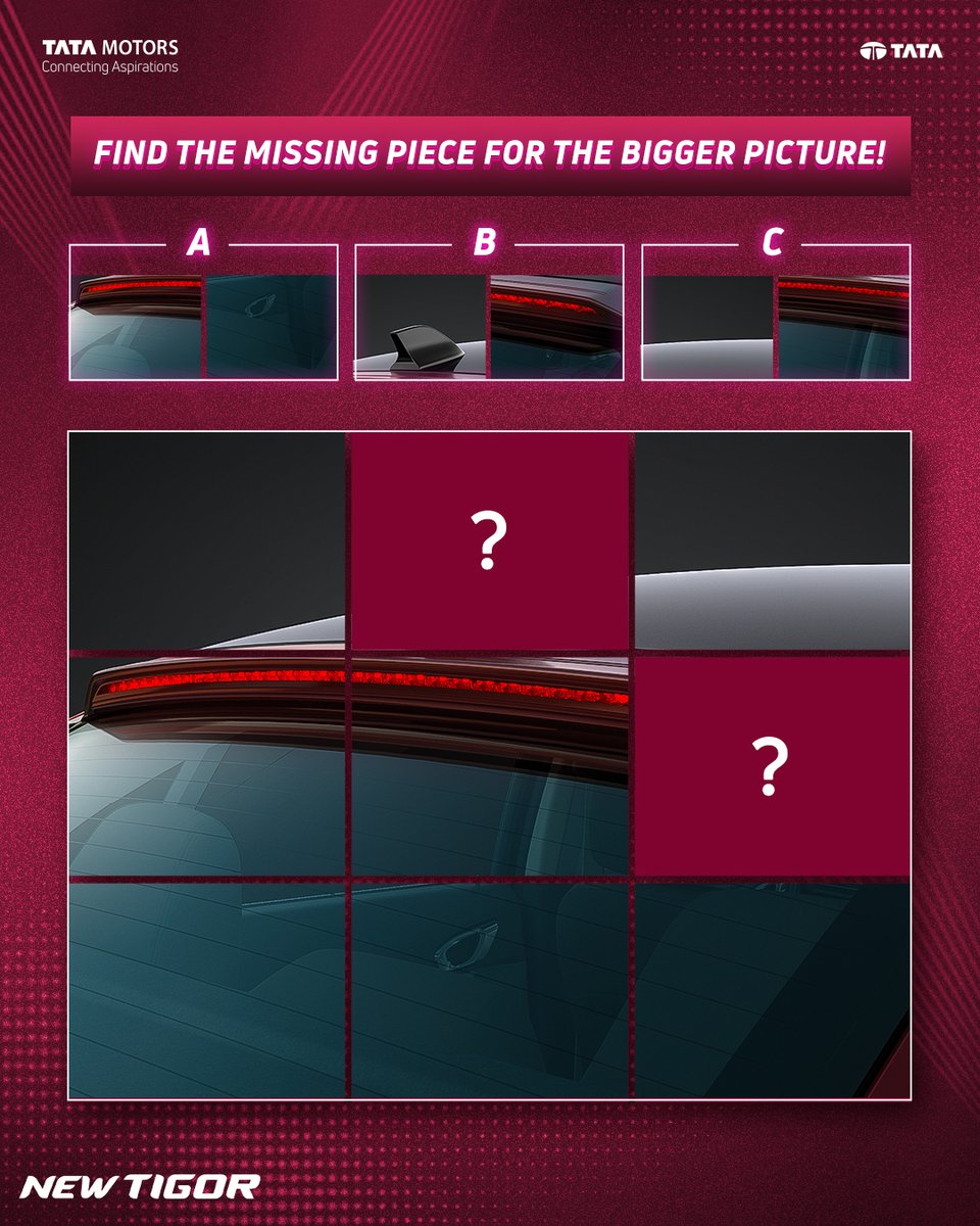 TATA_CARS's tweet photo. Pull out your thinking caps and unfold the mystery! 🧩
Guess which option fits in to complete the New Tigor’s Infinity Black Roof.
Comment your answer below!

#TataTigor #Tigor #TheSedanForTheStars #Sedan #Puzzle #PuzzleOfTheDay #CarLovers #TataMotorsPassengerVehicles https://t.co/nFZ9pyeHew