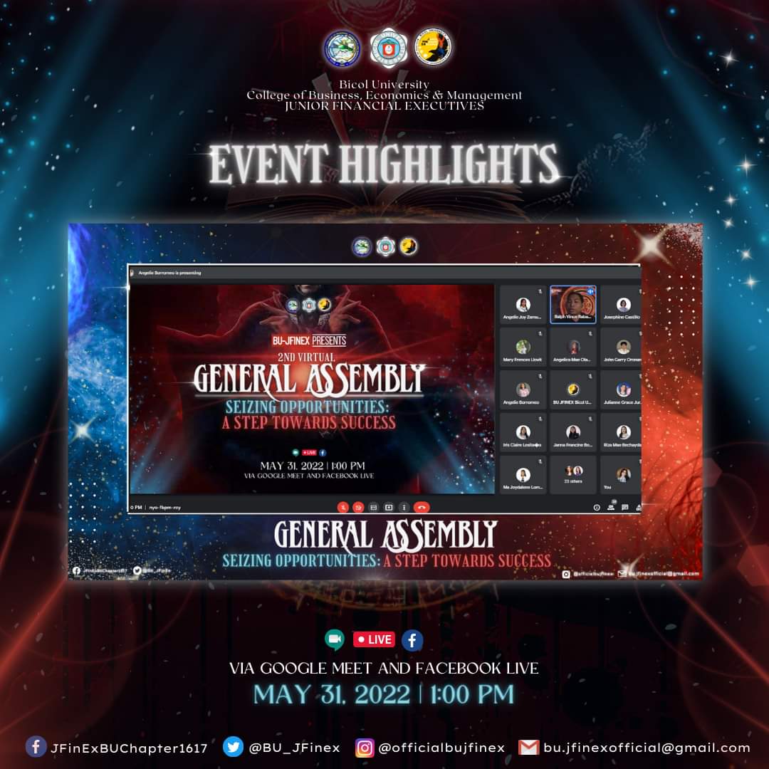 BU_JFinEx's tweet photo. 𝘿𝙤𝙣𝙚 𝙛𝙤𝙧 𝙩𝙝𝙚 𝙨𝙚𝙢𝙚𝙨𝙩𝙚𝙧!

The 2nd General Assembly of the Bicol University Junior Financial Executives commenced yesterday, May 31, 2022 via Google Meet and Facebook Live. This was a step to end the current school year that we had. https://t.co/8E43z56SQS