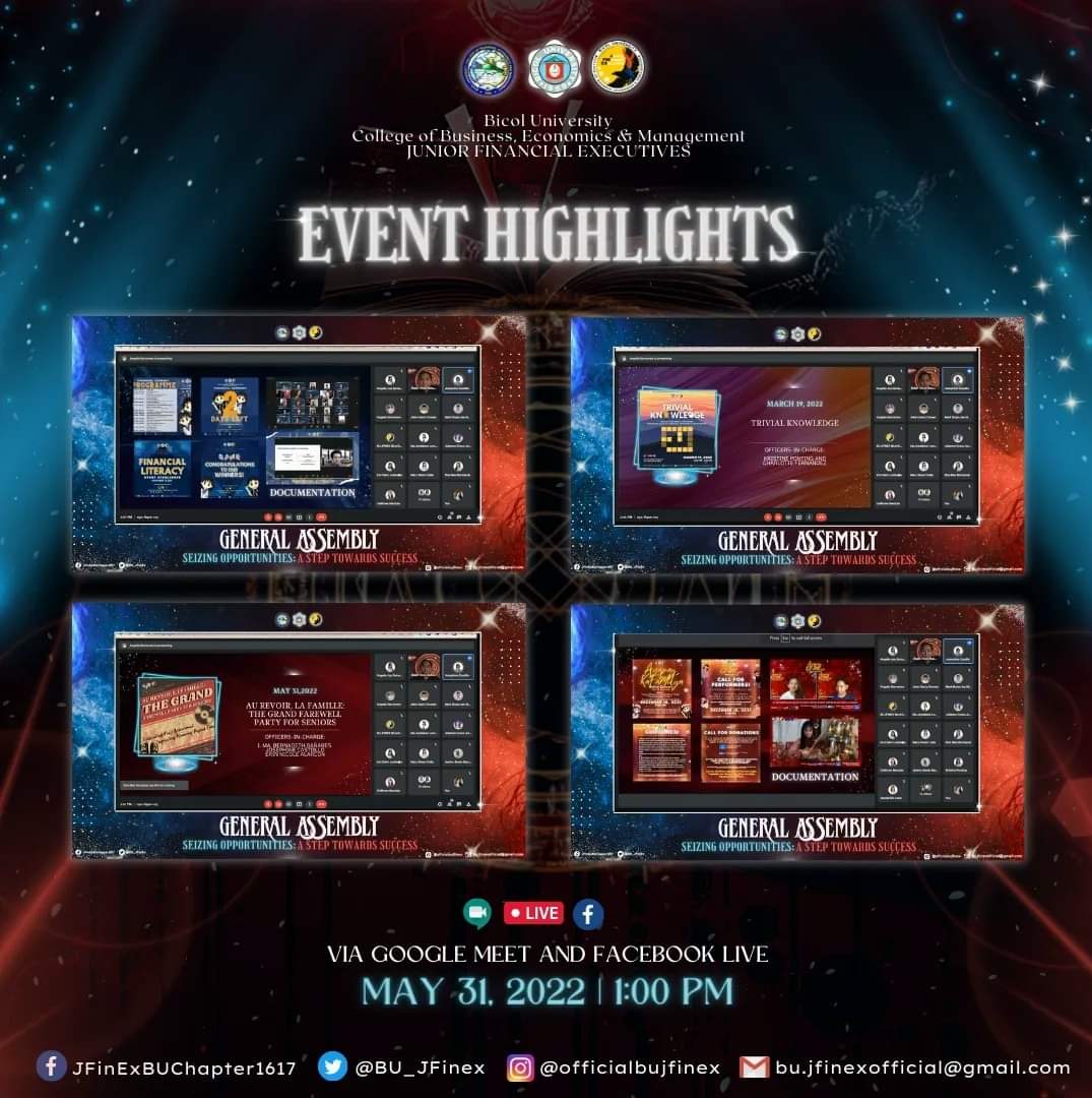 BU_JFinEx's tweet photo. The academic year 2021-2022 went by in a blink of an eye and as your officers it is our duty to give you a report on the different events and internal operations of the organization. 

Here are the highlights of yesterday's event.

#2ndGeneralAssembly
#JFinExGreatnessInStrange https://t.co/UTNFXldXW5