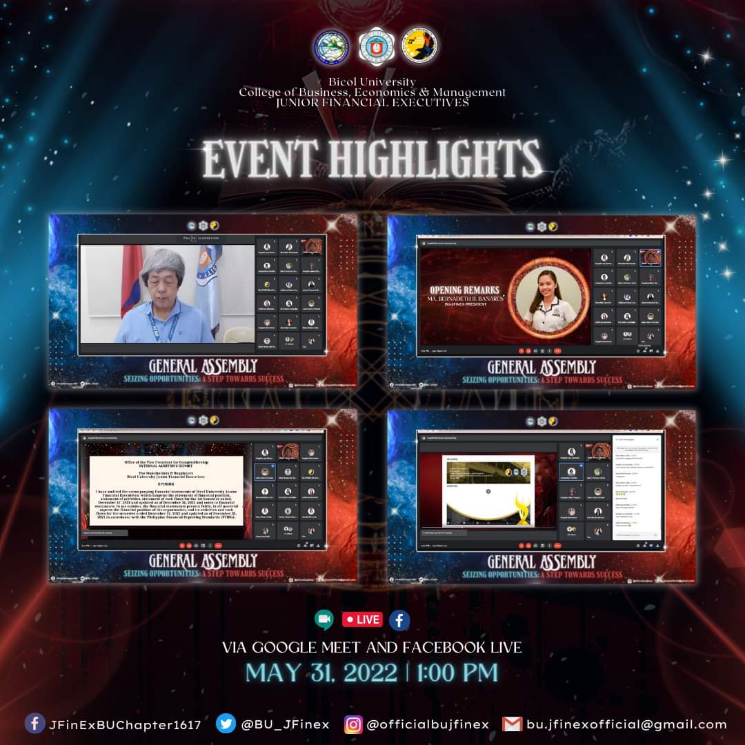 BU_JFinEx's tweet photo. 𝘿𝙤𝙣𝙚 𝙛𝙤𝙧 𝙩𝙝𝙚 𝙨𝙚𝙢𝙚𝙨𝙩𝙚𝙧!

The 2nd General Assembly of the Bicol University Junior Financial Executives commenced yesterday, May 31, 2022 via Google Meet and Facebook Live. This was a step to end the current school year that we had. https://t.co/8E43z56SQS