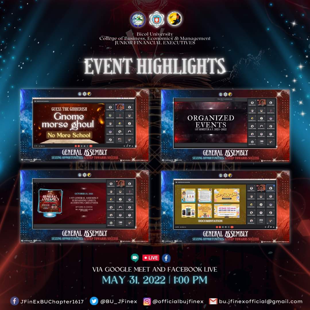 BU_JFinEx's tweet photo. 𝘿𝙤𝙣𝙚 𝙛𝙤𝙧 𝙩𝙝𝙚 𝙨𝙚𝙢𝙚𝙨𝙩𝙚𝙧!

The 2nd General Assembly of the Bicol University Junior Financial Executives commenced yesterday, May 31, 2022 via Google Meet and Facebook Live. This was a step to end the current school year that we had. https://t.co/8E43z56SQS