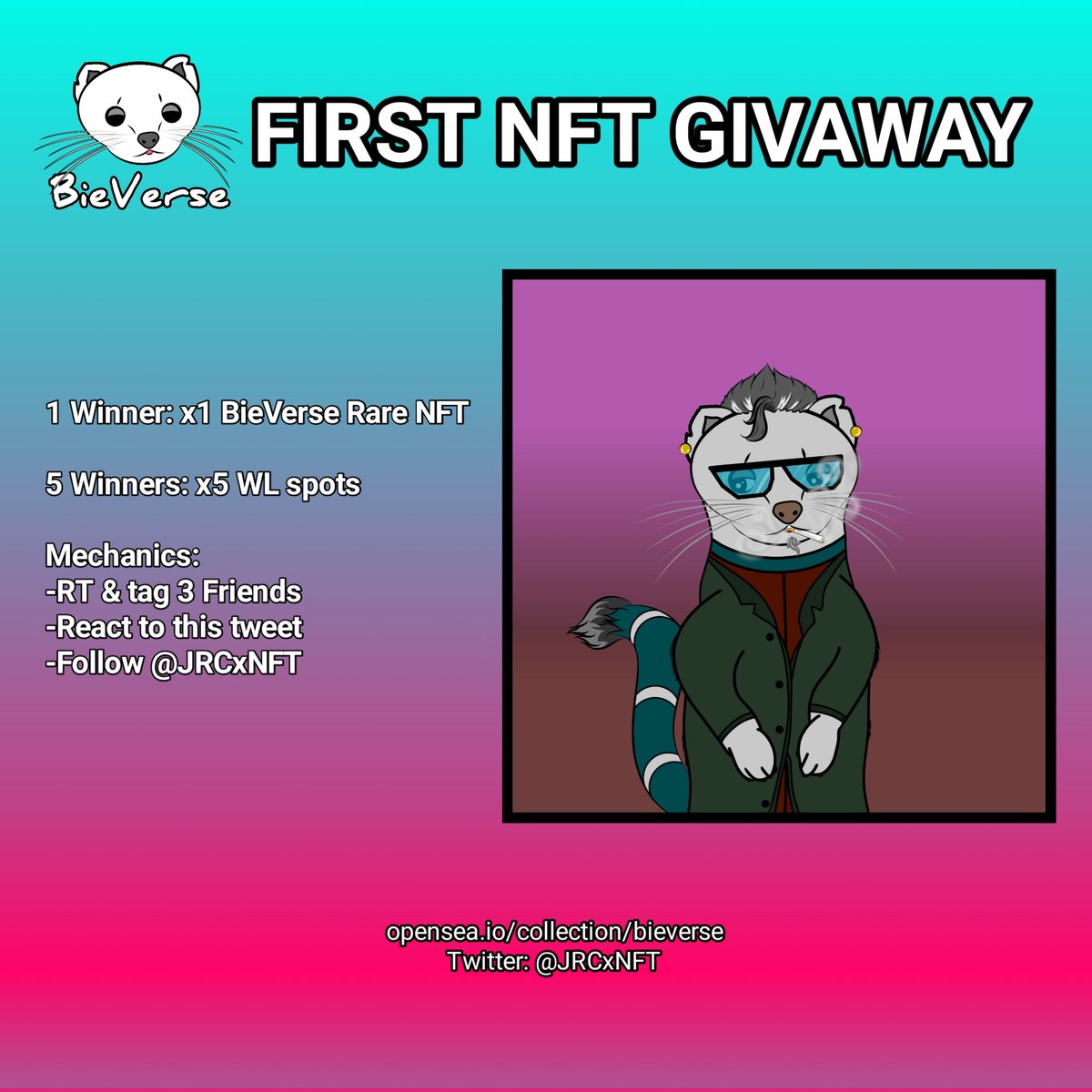 JRCxNFT's tweet image. NFT GIVAWAY‼️
Draw date: June 5, 2022 

1 Winner: x1 BieVerse Rare NFT
5 Winners: x5 WL spots

Mechanics:
-RT &amp;amp; tag 3 Friends
-React to this tweet
-Follow @JRCxNFT

Discord:
discord.gg/bxfbE5K6
Collect here and get OG role spots👇
https:opensea.io/collection/bie…

#NFTCommunity