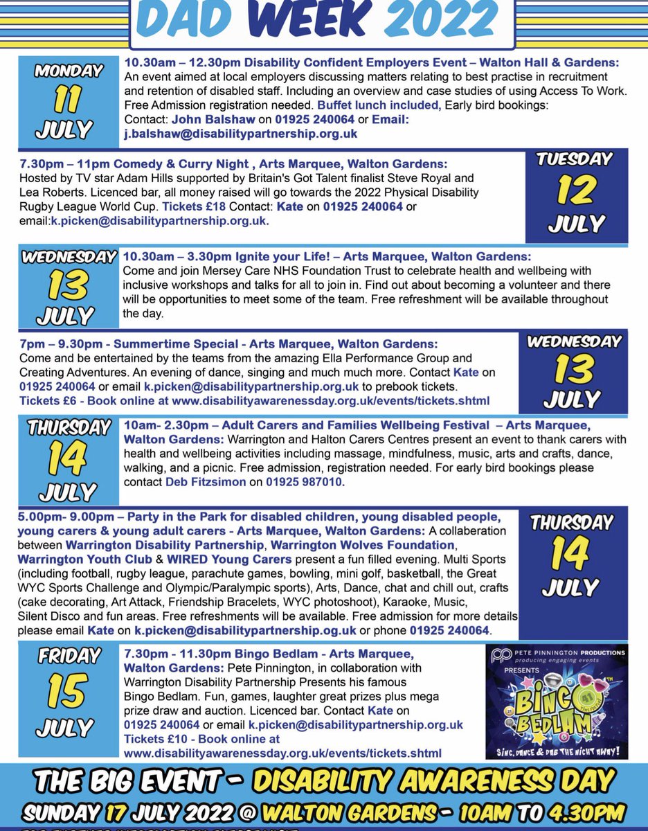 Davet21's tweet photo. The line up for this years week of events prior to Disability Awareness Day on Sunday 17th July @Walton_Gardens is complete Tickets now on sale for 3 great evening events Huge THANK YOU to all our sponsors/supporters. #DAD2020 #disability #inclusion #exhibition #independence https://t.co/4uzBNccY1G