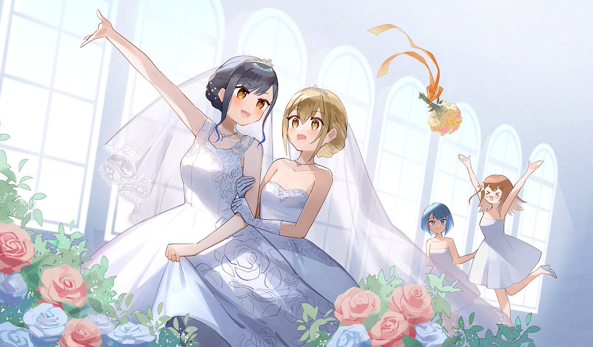 multiple girls dress flower 4girls white dress wedding dress rose  illustration images
