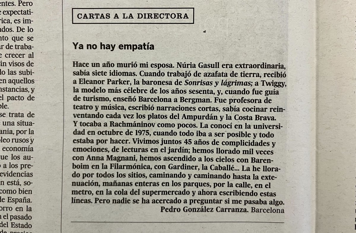 el_pais's tweet photo. 'Ya no hay empatía', la Carta a la Directora de Pedro González Carranza https://t.co/skjMr7d245 https://t.co/Ci1H2stehG