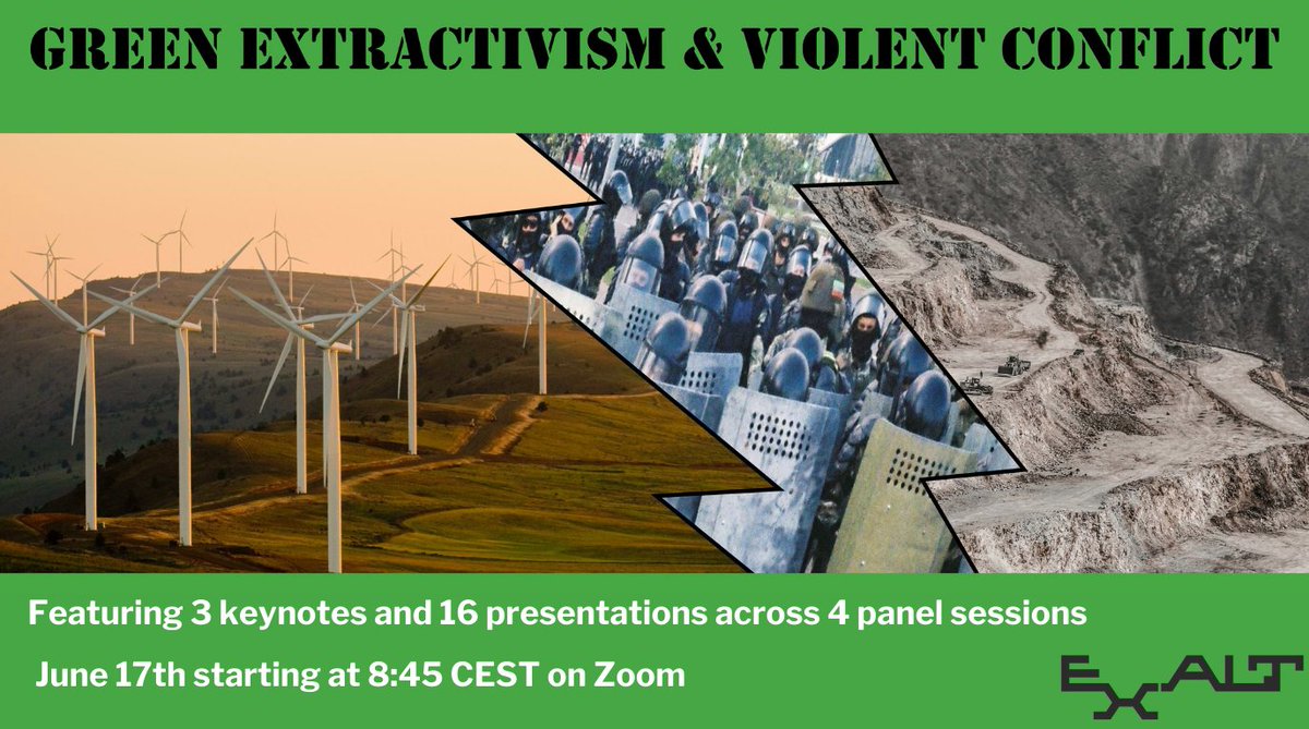 ExaltResearch's tweet image. The abstract book for the #GreenExtractivism &amp;amp; Violent Conflict mini-conference is now available! www2.helsinki.fi/en/conferences…

Register for free to learn how ‘decarbonization’ &amp;amp; ‘green growth’ policies shape &amp;amp; are shaped by dynamics of conflict &amp;amp; violence:
www2.helsinki.fi/en/conferences…