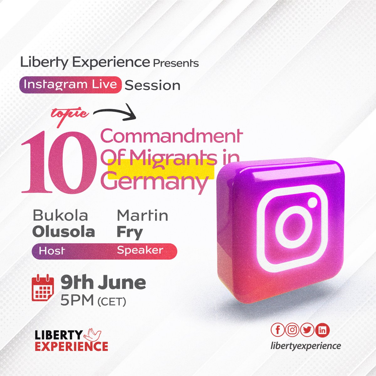 liberty_exp's tweet photo. Liberty Experience Presents: Instagram Live Session

Title: 10 Commandments for Migrants in Germany

Speaker: Martins Fry

Host: Bukola Olusola.

Venue: Instagram.

Date: June 9th
Time: 4pm CET https://t.co/rg2nrDEfm0