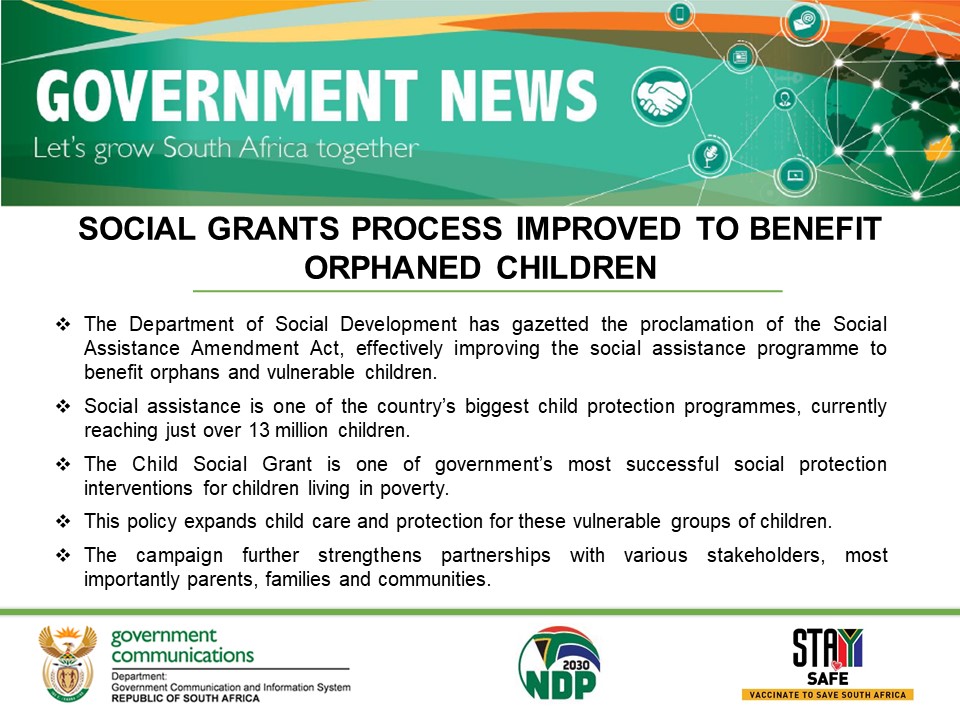 GCIS_IRC's tweet photo. The #DepartmentofSocialDevelopment has gazetted the proclamation of the #SocialAssistanceAmendmentAct, effectively improving the social assistance programme to benefit orphans and vulnerable #children. https://t.co/fvGoWO4w7S