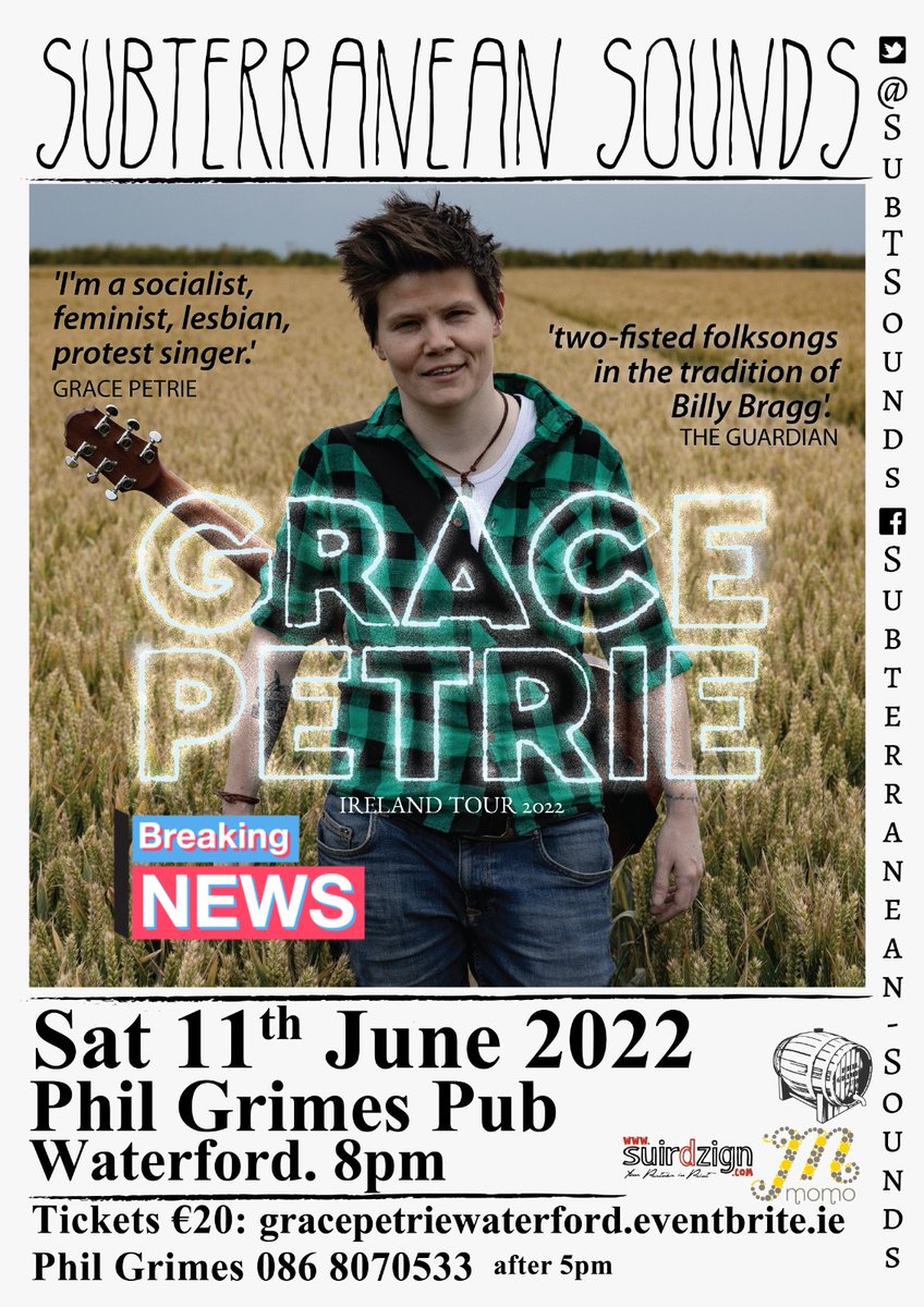 SubTSounds's tweet image. So it's #PrideMonth and June 11th we have an all inclusive gig to celebrate in #Waterford.  Left wing, lesbian alt-folk icon, @gracepetrie. If you like #CoolLiveMusic,  this is for you. Tickets moving, so get booking
 gracepetriewaterford.eventbrite.ie