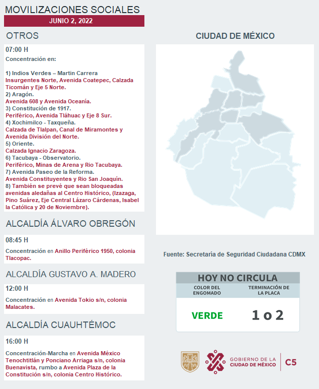 C5_CDMX's tweet photo. ⚠️📢Te compartimos las movilizaciones sociales previstas para este día en la CDMX.
#MovilidadCDMX 
🎥#C5 https://t.co/wYWGPL37EA