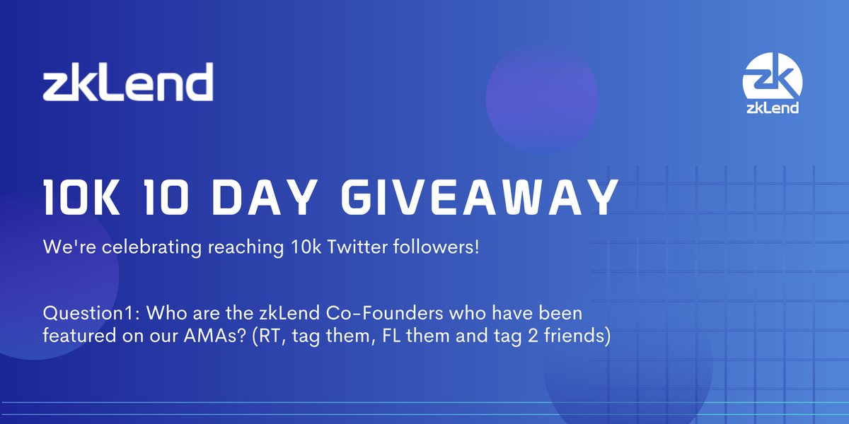 zkLend's tweet photo. 🔟zkLend's 10k 10 Day Giveaway🔟

📏Rules
- Quote RT
- Tag and Follow zkLend's Co-Founders Twitter handles
- Tag 2 Friends

👇Question 1⃣

#StarkNet #L222 #Giveaway https://t.co/zWpgHD7Ffs