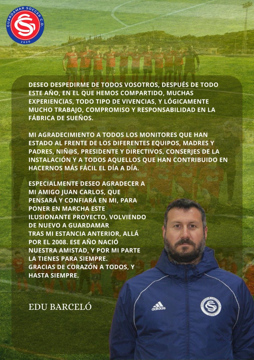 Guardamar_CD's tweet photo. EDU BARCELO, deja de ser Coordinador de la Fábrica de Sueños del Guardamar Soccer Club Deportivo.

El Club le agradece su compromiso y profesionalidad, deseándole lo mejor en su futuro profesional.

🔴 GRACIAS, EDU 🔵 https://t.co/NEMvtVfHb8