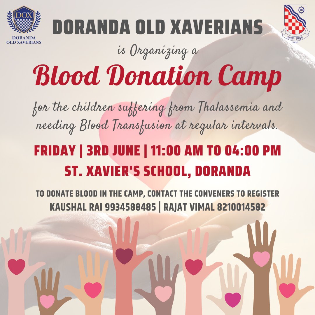 DOX is organizing a Blood Donation camp on 3rd June at St. Xavier's School, Doranda. @niteshpriya @UtsavKParashar @Rahul_Jain1976 @budhiaa @vpatodia @deepakgarodia @NishitChopra1 @iAtulAgrawal @DC_Ranchi @HemantSorenJMM @JharkhandCMO @atulgera007 @LifeSavers_Rnc @jaaindia