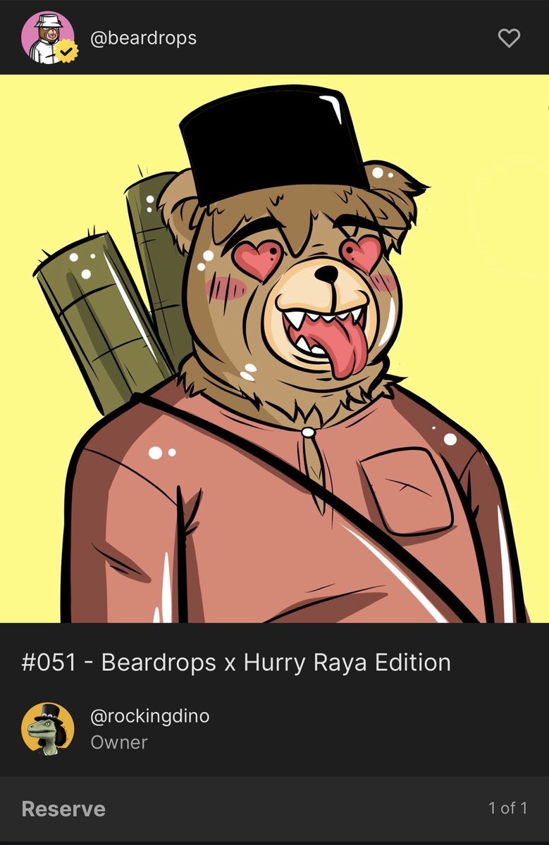 beardropsmy's tweet photo. Thank you @RockingDino and @elkotakseni for taking photos with Beardrops the other day. As promised, here’s the Hurry Raya limited edition NFT for you both. Welcome to the bear universe! #BEARDROPS #GoodVibesOnly 🐻 https://t.co/oGrfeNOUJC
