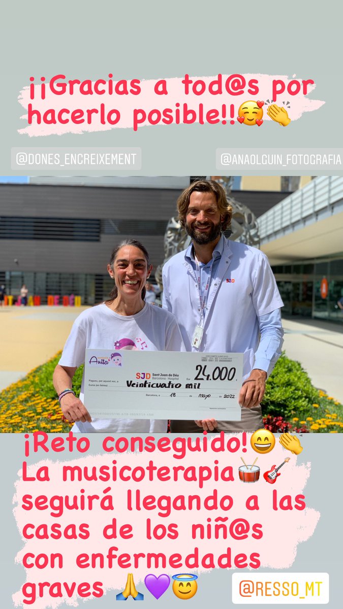 Con esta donación de 24.000€ financiamos hasta febrero del 23 el proyecto de Musicoterapia en la casa de los niños y niñas con enfermedades graves que requieren necesidades paliativas del Hospital Sant Joan de Déu❤️ de Barcelona.

sjdhospitalbarcelona.org/es/musicoterap…